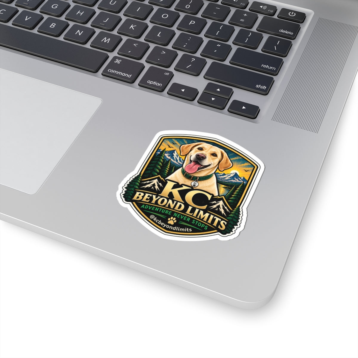 KC Adventure Never Stops sticker, 3-inch White variant — supplier mockup 2